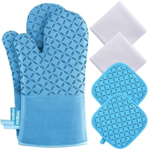 6-piece Oven Mitts and Pot Holders with High Heat Resistant 500° and Non-Slip Silicon Surface for Cooking in Sky Blue