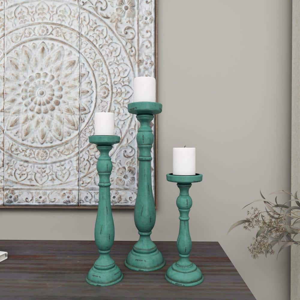Teal Wood Fluted Pillar Candle Holders Set of 3