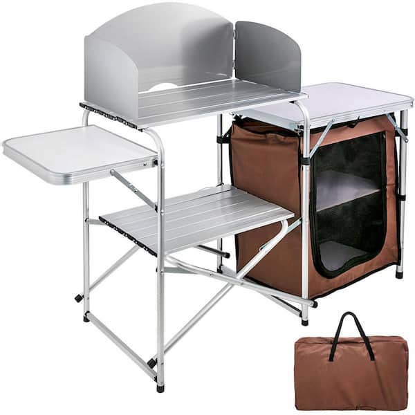 SKYSHALO Outdoor 2-Tier Kitchen with Zippered Bag, Portable Folding Cook Table for BBQ, Party and Camping, Brown