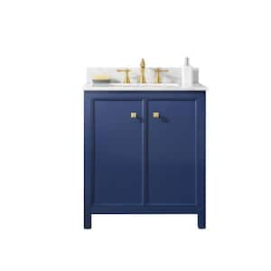 30 in. W. x 22 in. D Vanity in Blue with Marble Vanity Top in White with White Basin with Backsplash