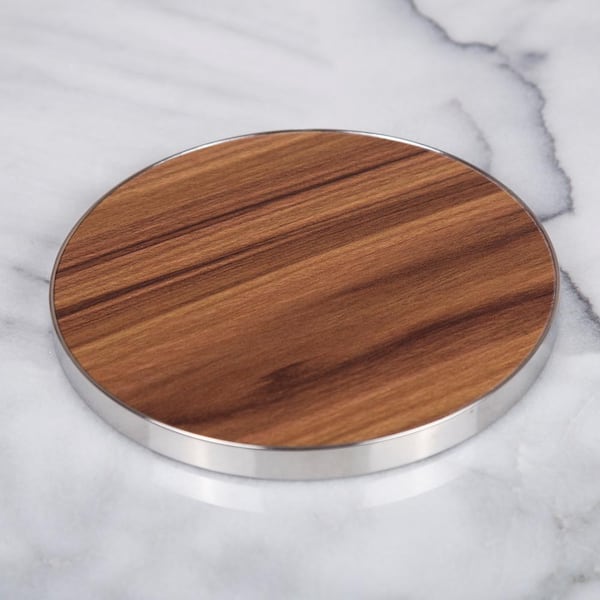 Fiberboard 7" Diam. Round Trivet, Serving Board with Acacia Finish and Stainless Steel Trim