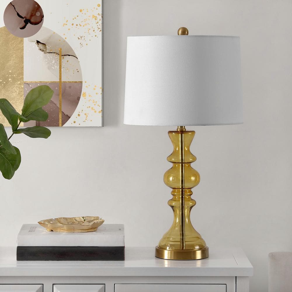 White Glass Candlestick Table Lamp with Cotton Shade