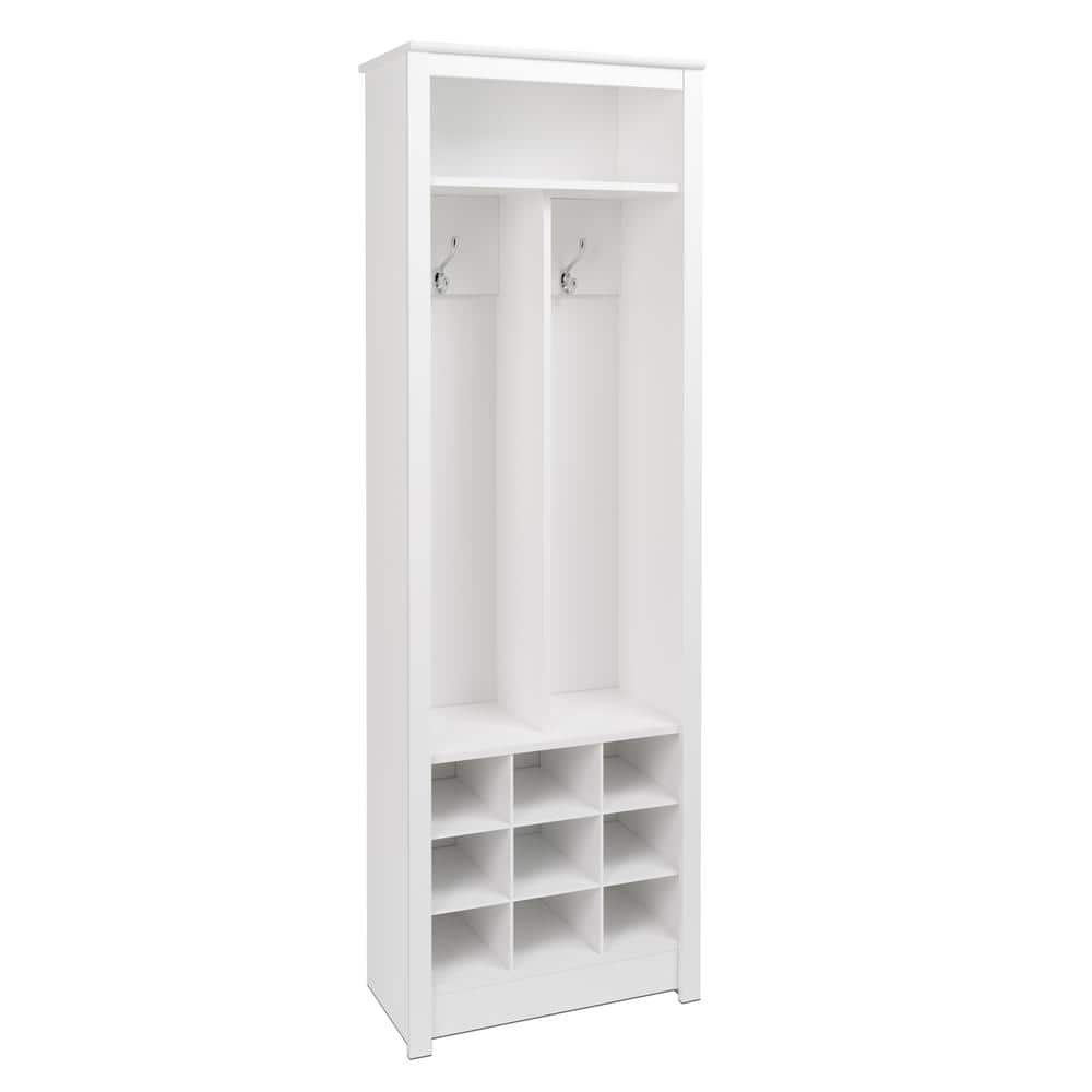 White Laminate Entryway Organizer with Shoe Storage and Coat Hooks