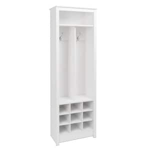 White Entryway Organizer 2-Coat Hooks, Coat Rack Hall Tree with Bench, Shoe Rack for Front Door Entrance with 9-Cubbies