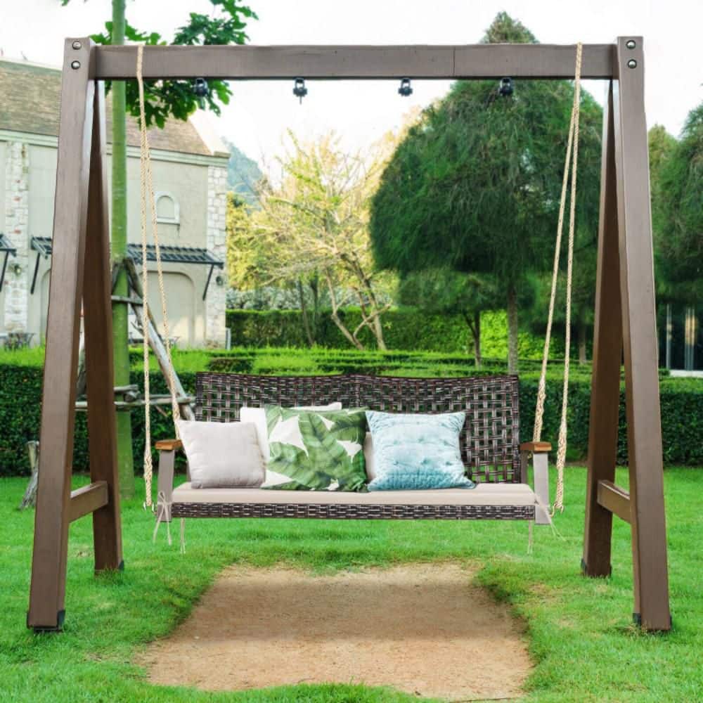 Off-White 2-Person Rattan Patio Swing with Cushion