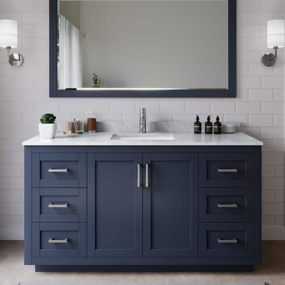 Miranda 60 in. W Single Bath Vanity in Dark Blue with Marble Vanity Top in White Carrara with White Basin and Mirror price history on PriceWatchPro