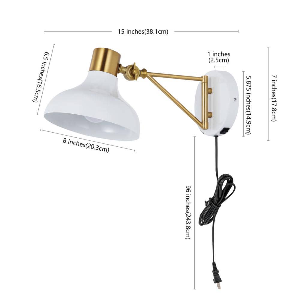 White and Brass Gold Iron Swing Arm Wall Sconce with USB Charging Port