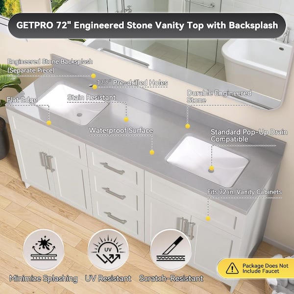 Getpro 72 in. W x 22 in. D Engineered Stone White Rectangular