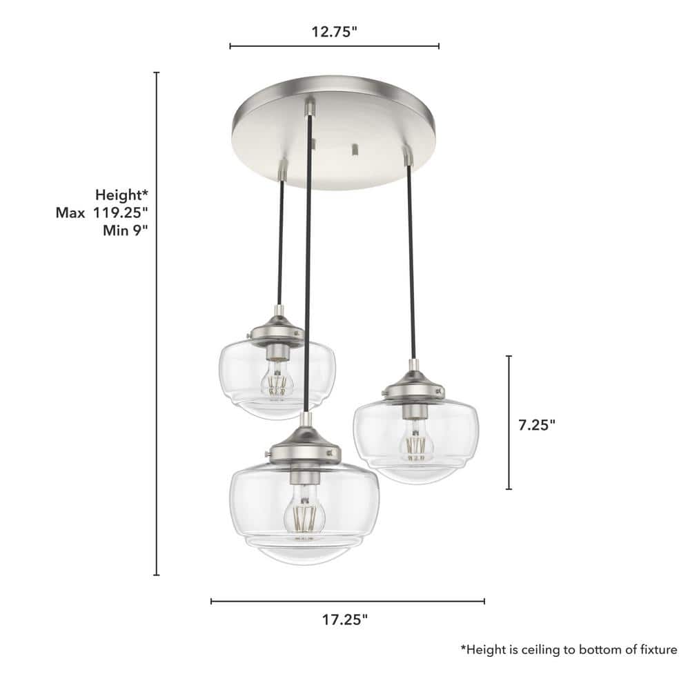 Saddle Creek 17" Brushed Nickel and Glass 3-Light Pendant