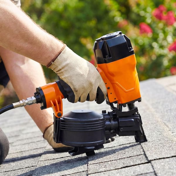 Roofing Nailer, N/A Voltage, 3/4 in. 1-3/4 in. 15° Coil Pneumatic Anti-Jam, Tool-Free Depth with Sample Nails