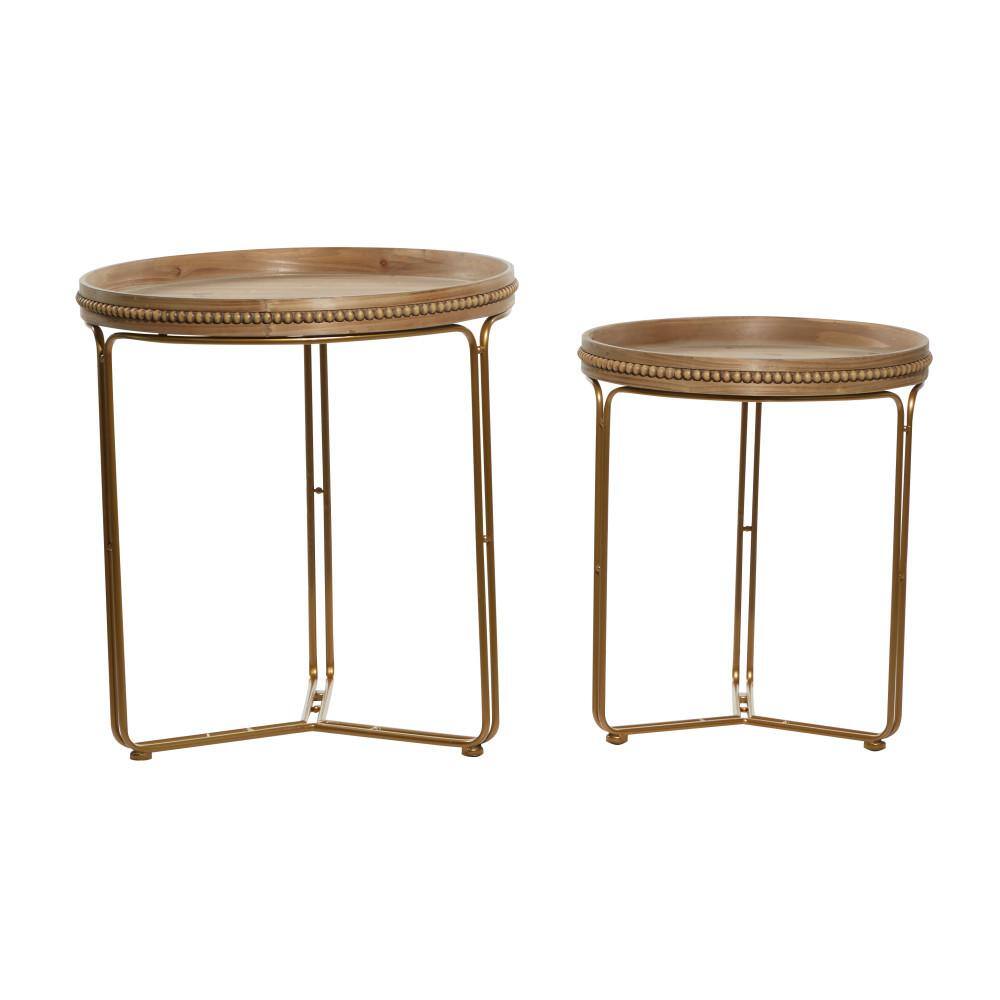 Round Light Brown Wood and Gold Metal Nesting Tables Set