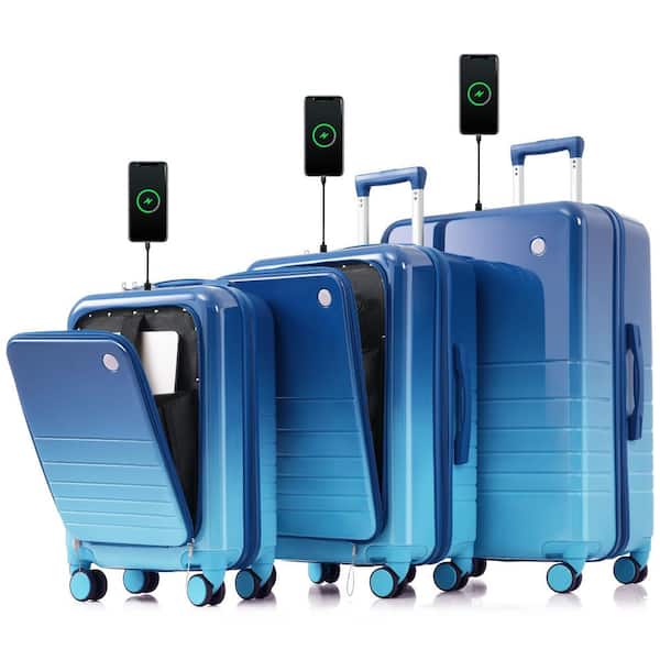 Merax 3-Piece Blue ABS+PC Spinner Luggage Set with Front Opening Design(20 in. +24 in.), USB Ports, Cup Holders, Hooks