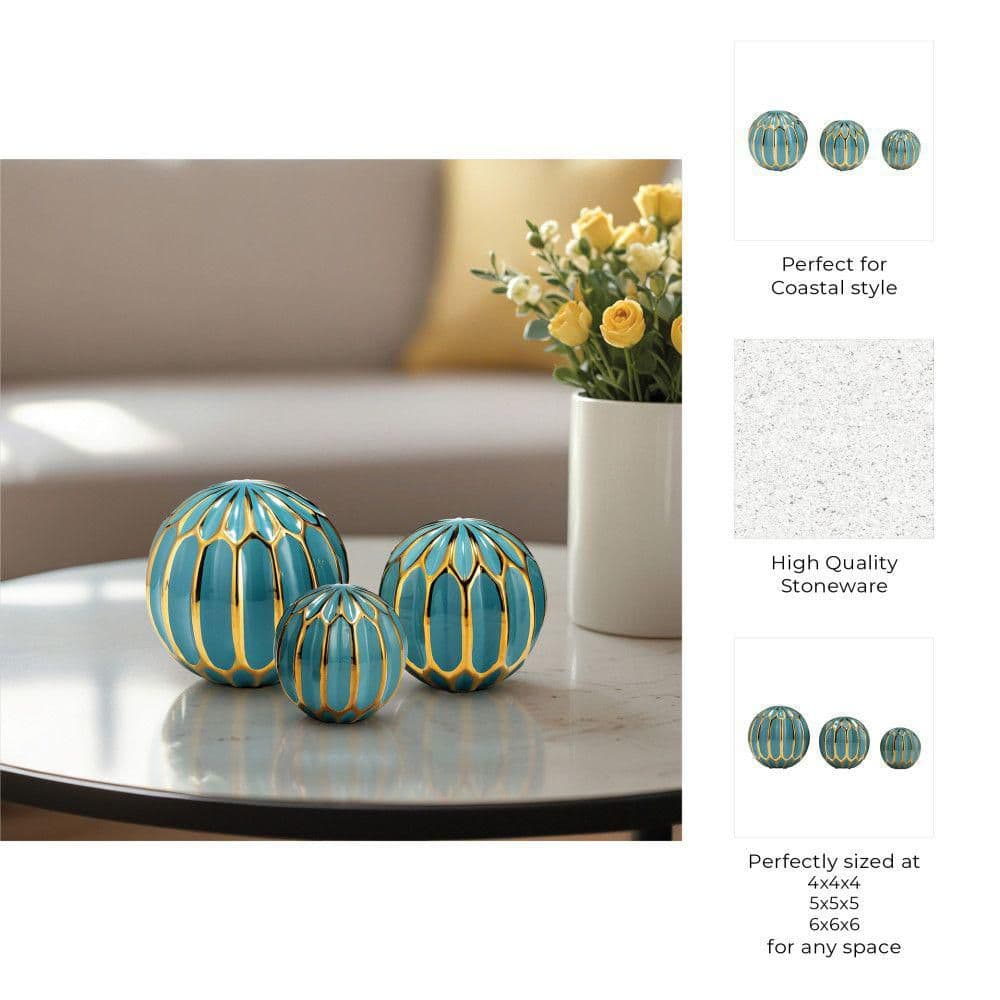 Set of 3 Turquoise and Gold Ceramic Decorative Orbs