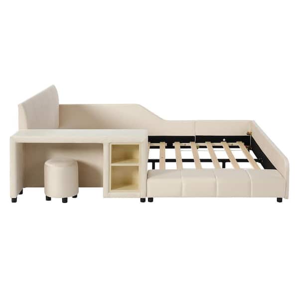 Beige Modern Luxury Wood Frame Full Size Soft Velvet Upholstered Platform Bed with Bedside Desk and Round Stool