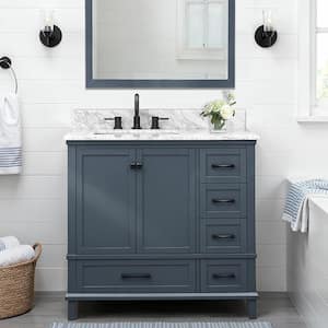 Merryfield 37 in. Single Sink Dark Blue-Grey Bath Vanity with White Carrara Marble Top (Assembled)