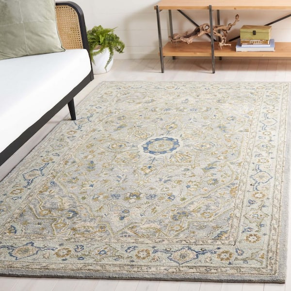 Heritage 4 ft. x 6 ft. Ivory/Blue Border Floral Area Rug