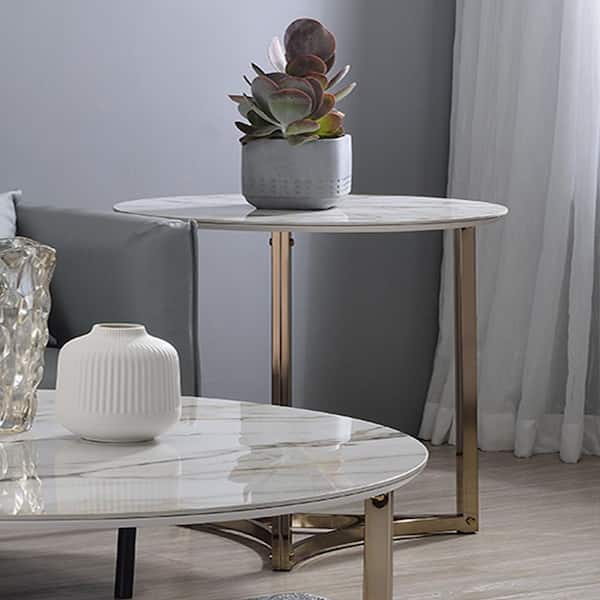 Acme Furniture Zaidee 23.5 in. Brass Round Faux Marble End Table with No Additional Features