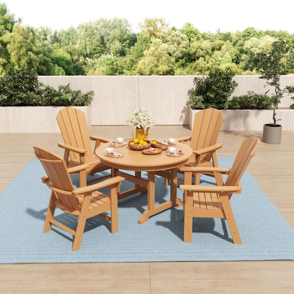 WESTIN OUTDOOR Laguna Outdoor Patio Adirondack Weather Resistant Teak 5-Piece HDPE Plastic Round Table Dining Set