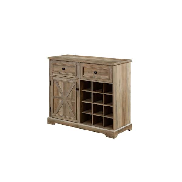 Tileon Gray Wash MDF Barn Door Wine Bar Cabinet, Farmhouse Buffet Sideboard Cabinet with 12-Bottle Wine Rack and 2-Drawers