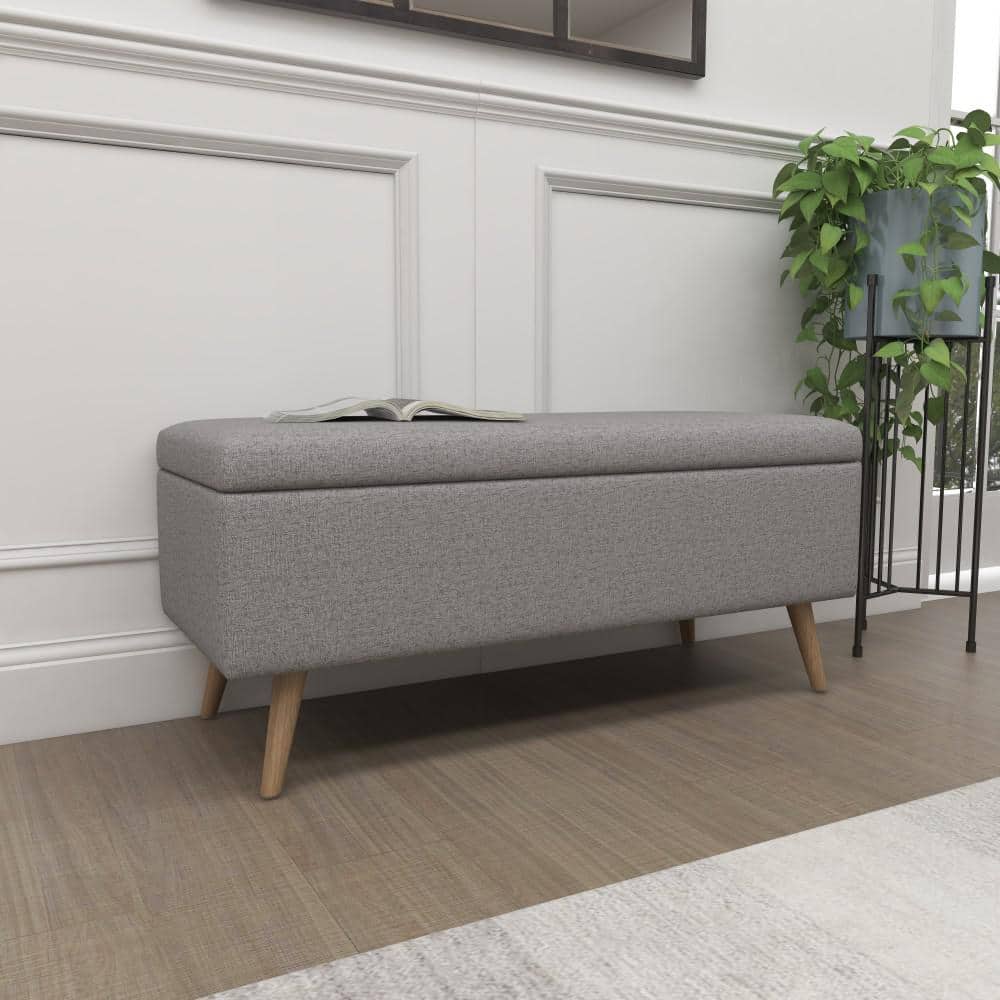 Modern Gray Polyester 42'' Storage Bench with Wooden Legs
