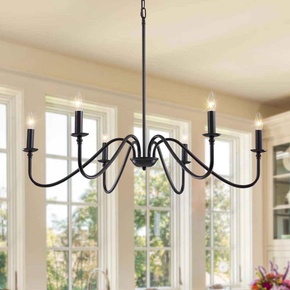 SILJOY 34 In. 6-Light Modern Chandelier Black Candlestick Farmhouse ...