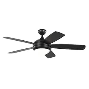 Discus Outdoor 52 in. Wet Rated Integrated LED Matte Black Ceiling Fan with Black Blades and 3000K Light Kit, Pull Chain