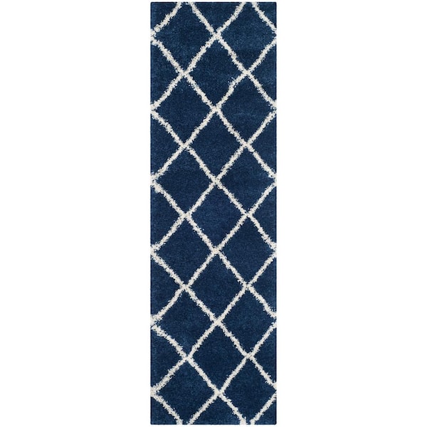 SAFAVIEH Hudson Shag Navy/Ivory 2 ft. x 8 ft. Geometric Diamonds Runner Rug