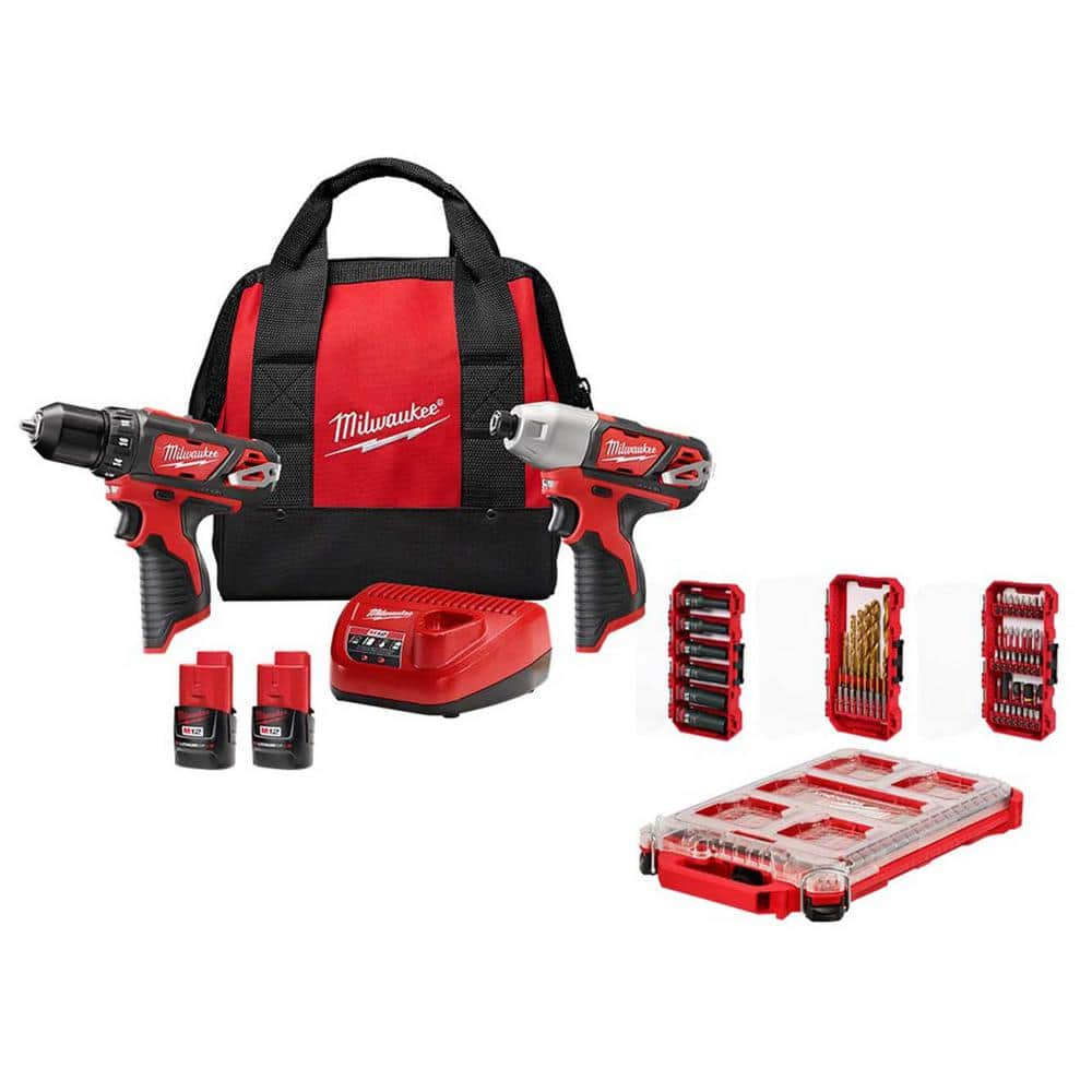 Milwaukee M12 12V Li-Ion Cordless Drill Driver/Impact Driver Combo Kit w (2) 1.5Ah Batteries, Charger and PACKOUT Bit Set (60 Pc)