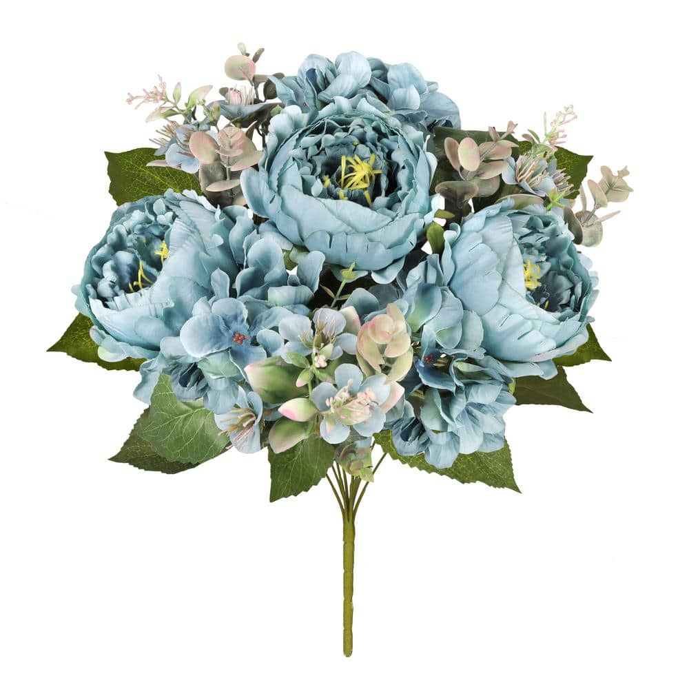 17 in. Teal Blue Artificial Mixed Peony Hydrangea Blossom Flower Stem Bush Bouquet (Set of 2) -  LIVING LUXURY, 92060-TL-BL