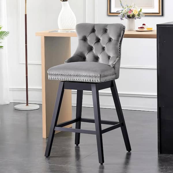 Hochwertiges 29 in. Gray Velvet Upholstered Solid Wood Frame Bar Height Swivel Bar Stool with Back (Set of 1)