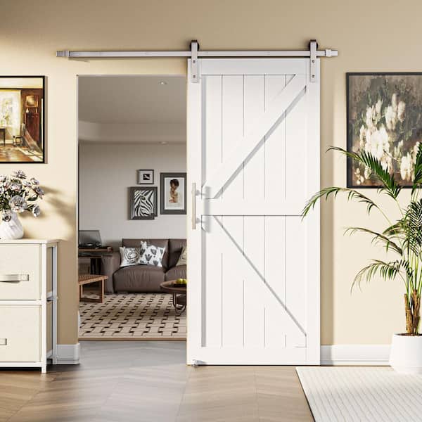 36 in. x 84 in. Paneled White Primed MDF British K-Shape MDF Sliding Barn Door with Hardware Kit Nickel-Plated