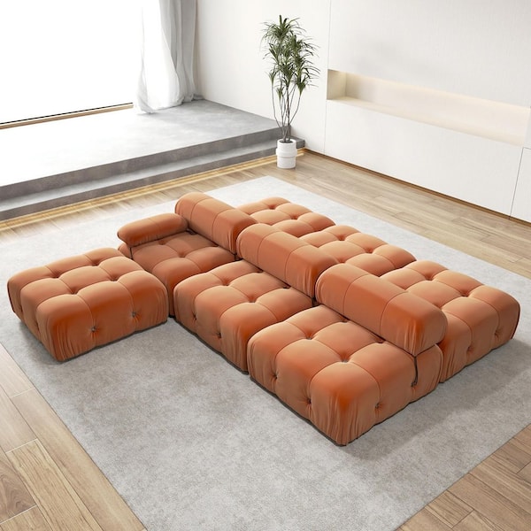 Chameleon 104 in. Square Arm Minimalism 7-piece Modern Velvet Modular Combination Sectional Sofa with Ottomans in Orange