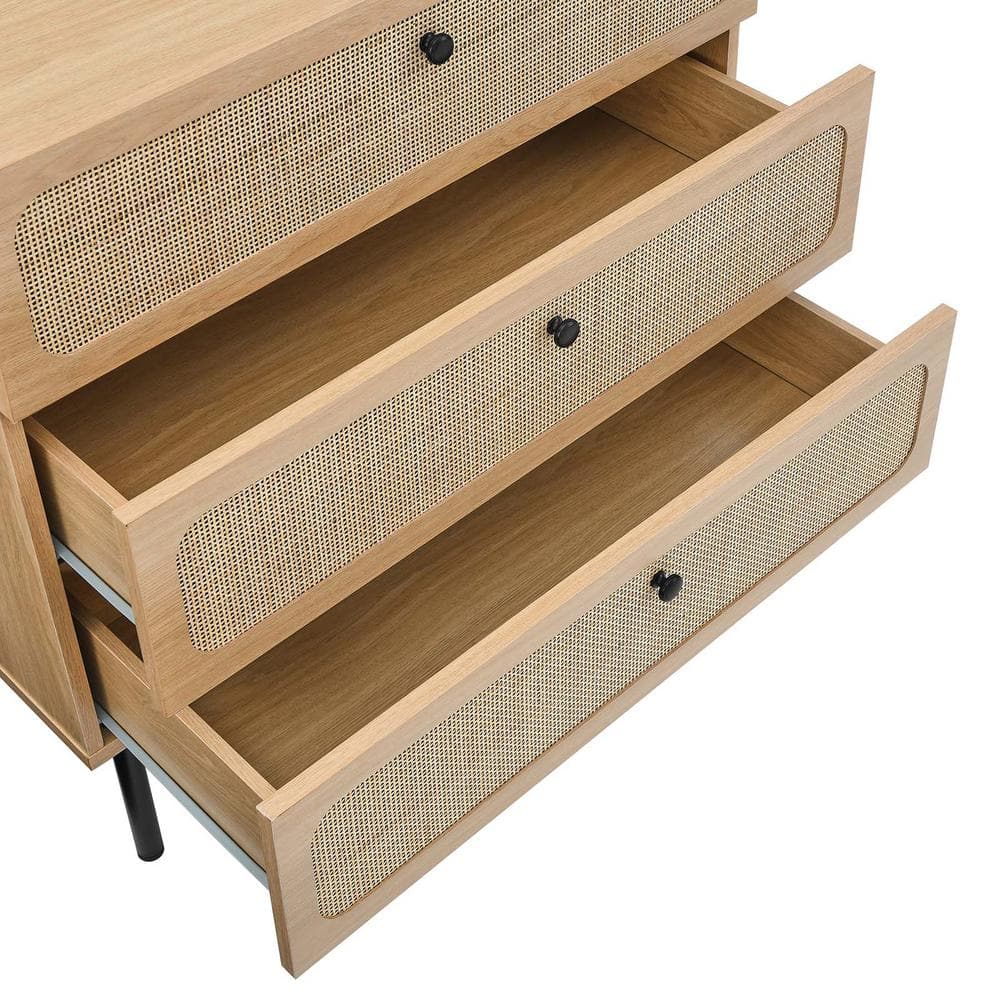 Oak and Black 3-Drawer Chest with Rattan Fronts