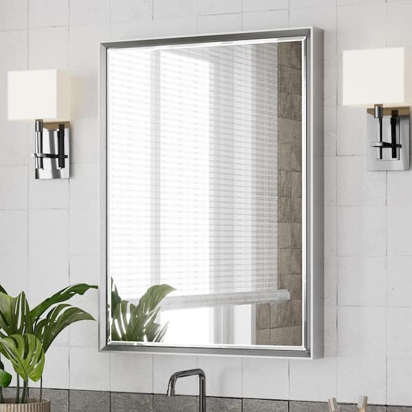 QueenFun 22 in. W x 30 in. H Framed Rectangular Beveled Edge Bathroom Vanity Mirror in Brushed Silver