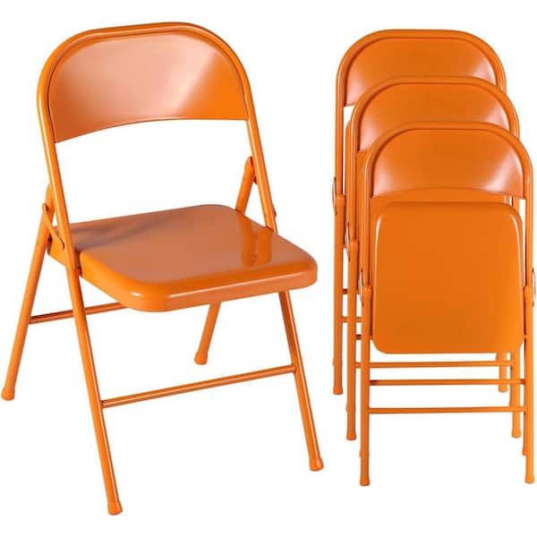 Orange Metal Folding Chairs Set of 4, Heavy Duty Stackable Fold Up Chairs for Indoor Outdoor Events, Standard Seat