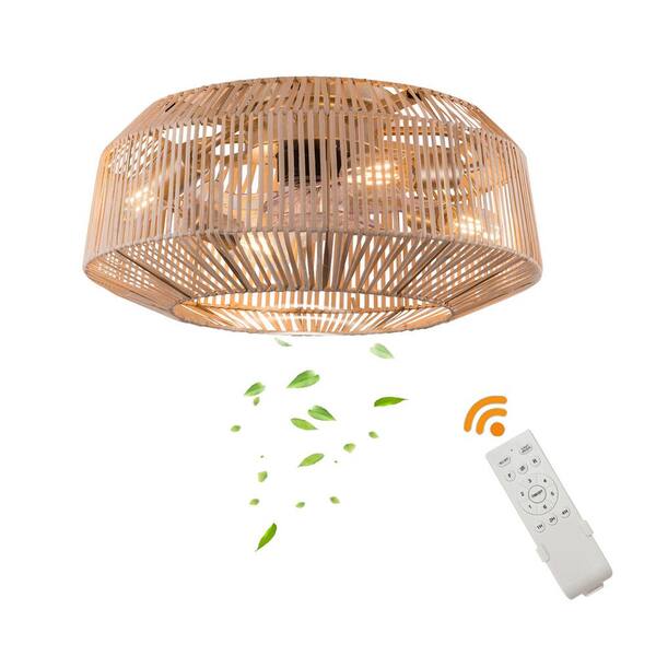 Boho Caged Ceiling Fan With Lights - 18 Inch Rattan Fandelier With Remote, 6 Speeds