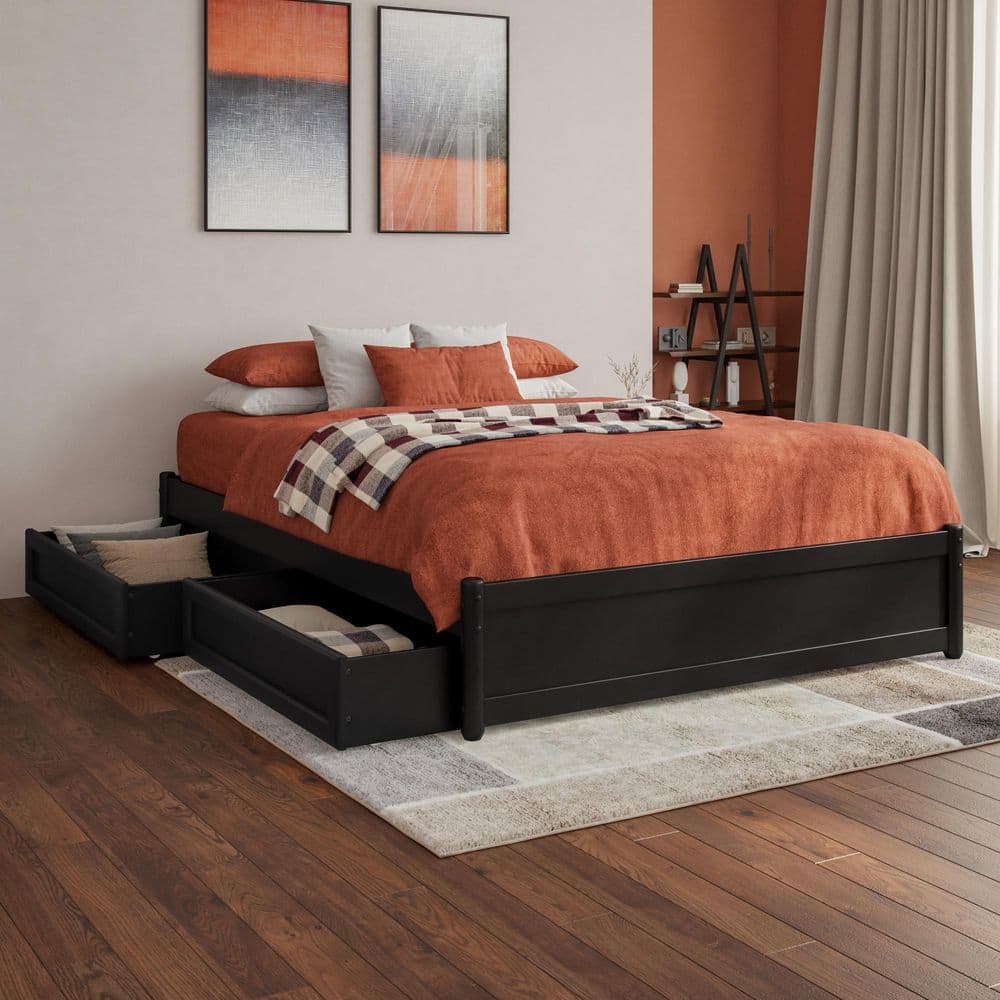 Barcelona Black Solid Wood Frame Queen Panel Platform Bed with Storage Drawers