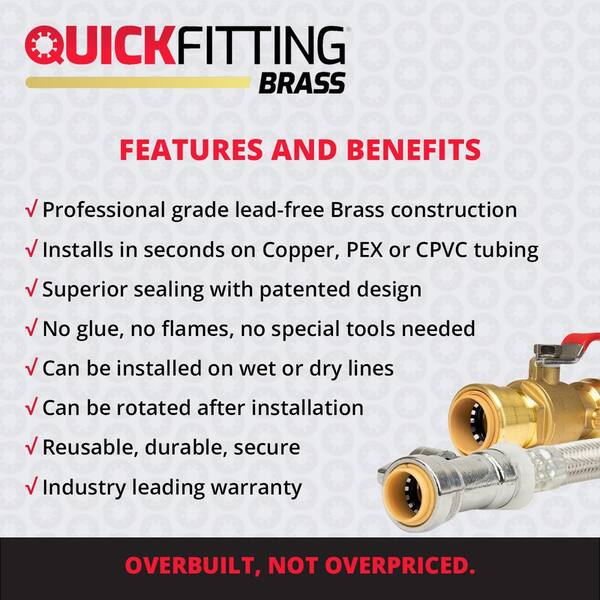 1/2 Inch Push-Fit Ball Valve - Full Port Water Shut Off Valve For PEX, Copper & CPVC