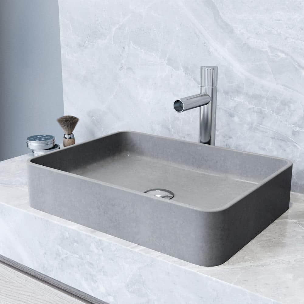 Ashford Gray Concrete Rectangular Vessel Sink with Chrome Faucet