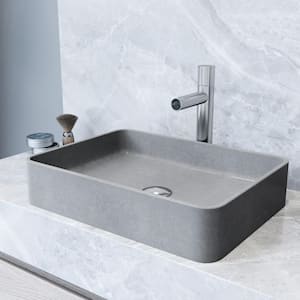 Concreto Stone Rectangular Bathroom Sink With Vessel Faucet in Chrome