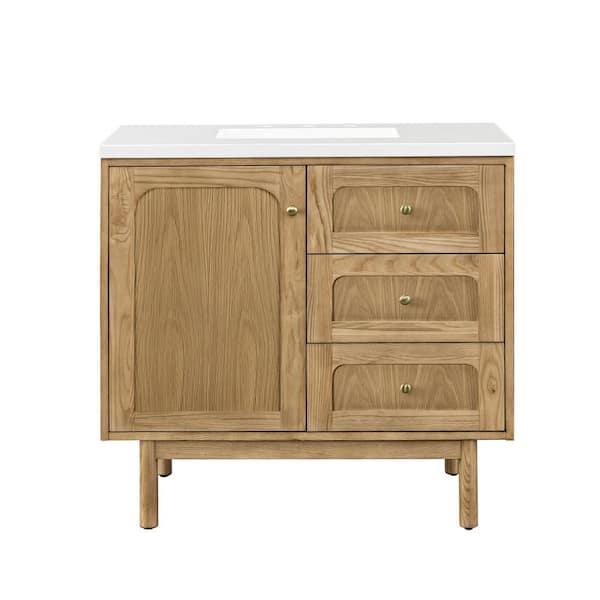 James Martin Vanities Laurent 36.0 in. W x 23.5 in. D x 34.2 in . H Bathroom Vanity in Light Oak with White Zeus Quartz Top