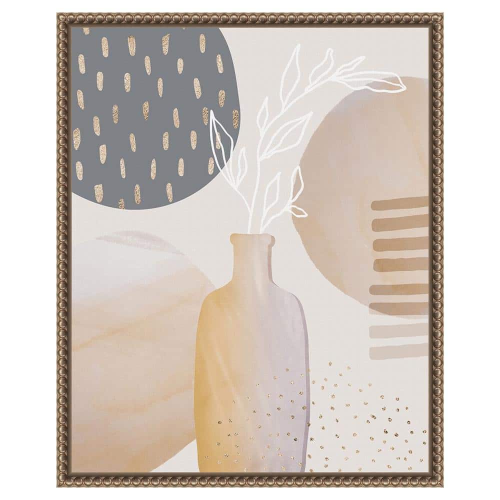 Mid-Century Floral II Beige and Gray Canvas Print with Bronze Frame