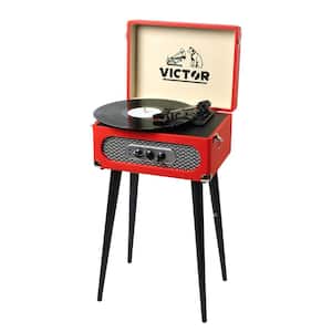 Andover Music Center with Bluetooth Record Player Turntable, FM Radio, Built-in Stereo Speakers, Chair Height Legs, Red