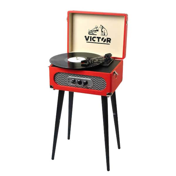 Victor Andover Music Center with Bluetooth Record Player Turntable, FM Radio, Built-in Stereo Speakers, Chair Height Legs, Red