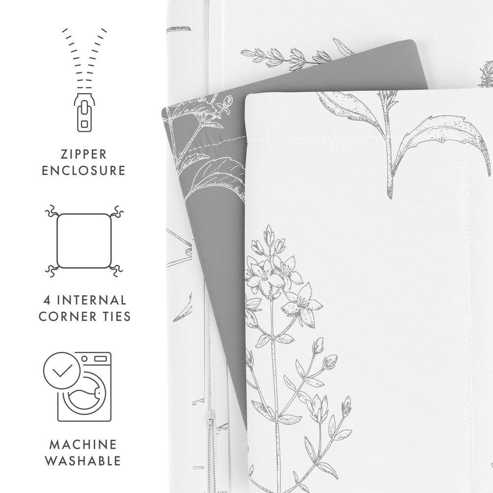 Light Gray Floral Print Twin/Twin XL Reversible Duvet Cover Set