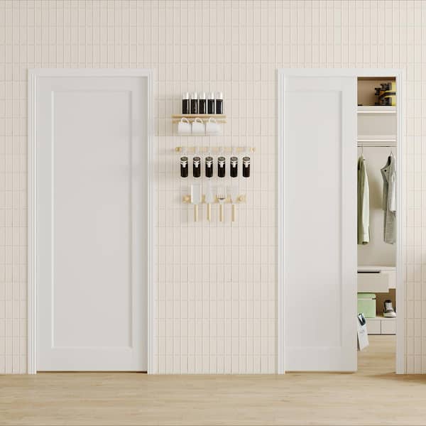 56 in. x 80 in. White Primed Double Door Composite 1-Panel Core Pocket Door with Soft Close, Frame and Hardware Kit Set