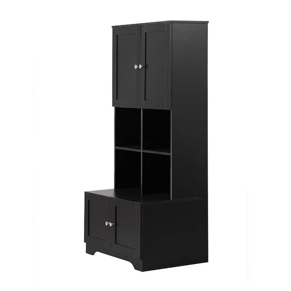 Freestanding 31 in. W x 21 in. D x 67 in. H Black Linen Cabinet with 4 Doors and Open Multi-Layer Shelves