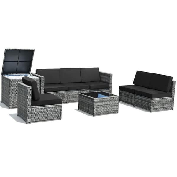 Clihome 8-Piece Wicker Patio Conversation Set Sofa Rattan Dinning Furniture Set with Black Cushions and Storage Table
