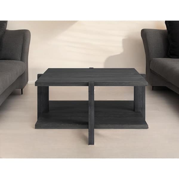 HomeRoots 34.66 in. Gray Square Wood Coffee Table with Shelves Storage