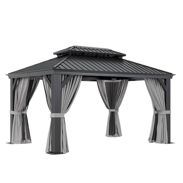 Sizzim 14 ft. x 10 ft. Outdoor Double Roof Hardtop Gazebo with Gutters, Aluminum Frame, Ceiling Hook, Netting and Curtains